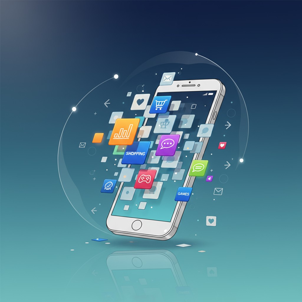 A graphic of a white smartphone with various app icons, surrounded by a transparent circle, floating in space, featuring a...