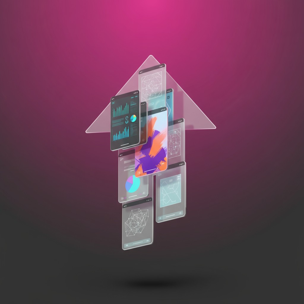 smartphones and tablet computers rising in an upward diagonal arrow, surrounded by analytical data displays.