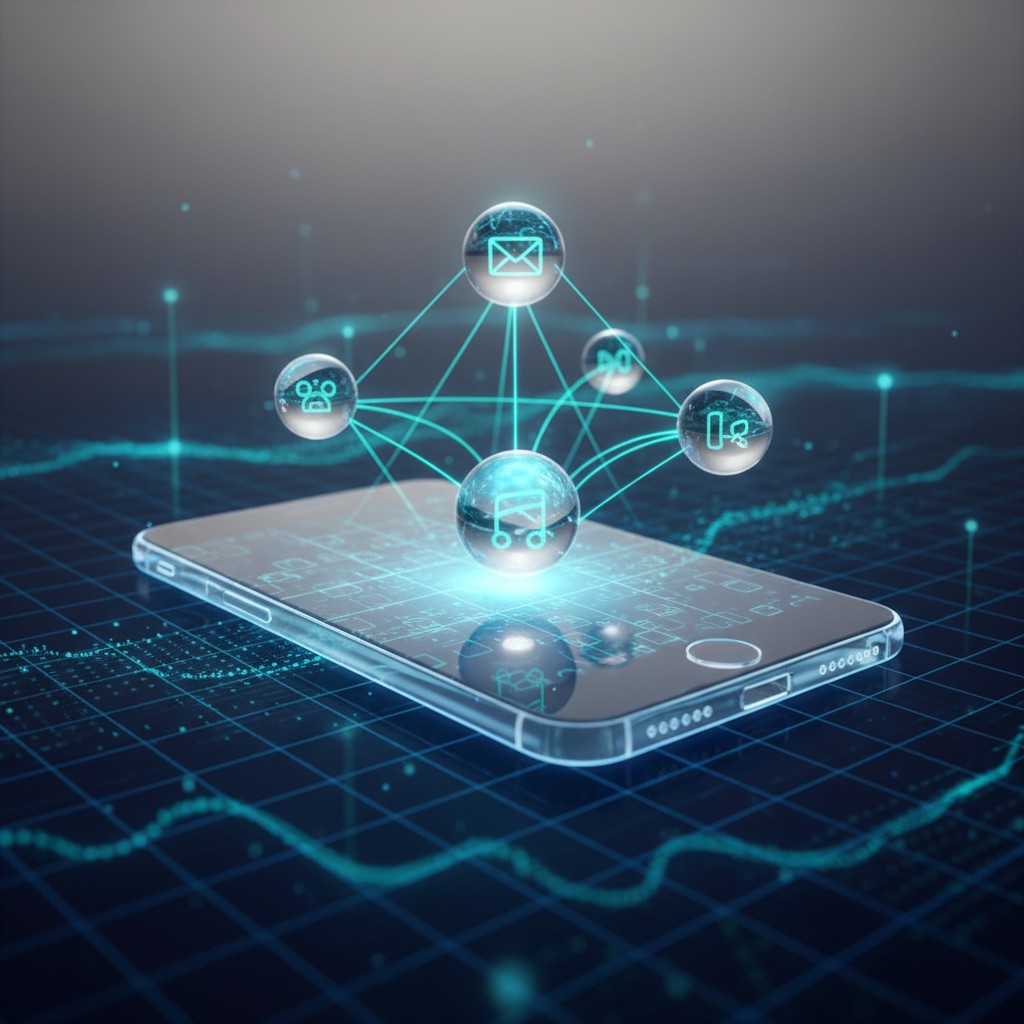 The diagram shows a smartphone with a glowing, transparent screen displaying a grid pattern, various icons and lines.